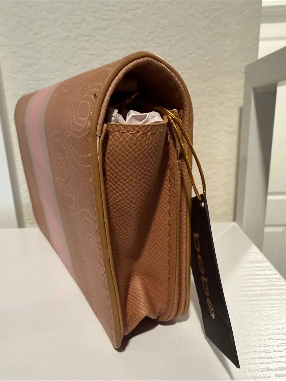 bebe Tan and Pink Logo Fold-Over Wallet